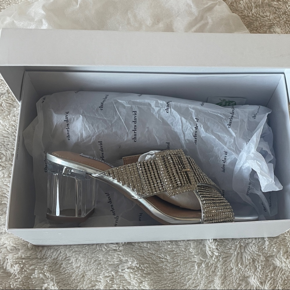 Charles David Cayden silver metallic block heels. 2.5”